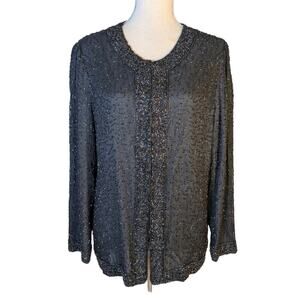 Vintage 80s Lawrence Kazar Black Beaded Silk Jacket Sheer XXL